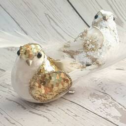 White & Gold Christmas Birds. Velvet, Sequins, Beaded, Tree Decoration, Feathers