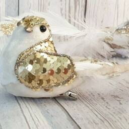 White & Gold Christmas Birds. Velvet, Sequins, Beaded, Tree Decoration, Feathers - thumbnail 4