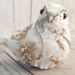 White & Gold Christmas Birds. Velvet, Sequins, Beaded, Tree Decoration, Feathers - thumbnail 3