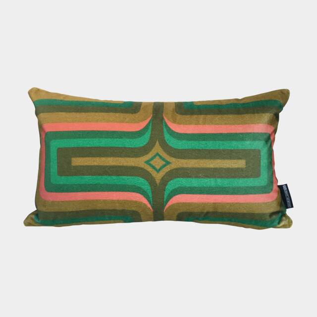 Geometric Velvet Printed Cushion - Olive + Coral - image 1