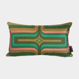 Geometric Velvet Printed Cushion - Olive + Coral - thumbnail 1