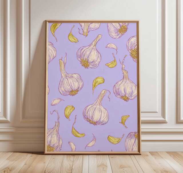 Garlic Kitchen Poster, Modern Botanical Wall Art Print, Purple Food Illustration, Rustic Farmhouse Culinary Decor - image 1
