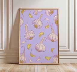 Garlic Kitchen Poster, Modern Botanical Wall Art Print, Purple Food Illustration, Rustic Farmhouse Culinary Decor - thumbnail 1
