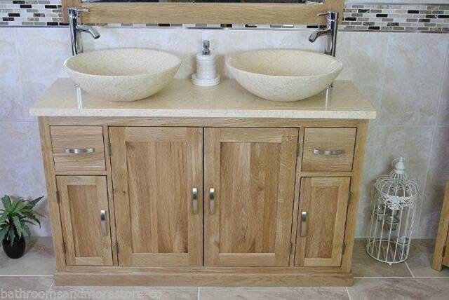 Oak Bathroom Vanity Cabinet Double Twin Sink Bowl Basin & Cream Marble Unit 402cm025cm - image 1