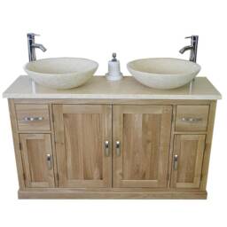 Oak Bathroom Vanity Cabinet Double Twin Sink Bowl Basin & Cream Marble Unit 402cm025cm - thumbnail 2