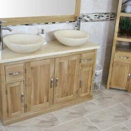 Oak Bathroom Vanity Cabinet Double Twin Sink Bowl Basin & Cream Marble Unit 402cm025cm - thumbnail 3