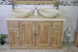 Oak Bathroom Vanity Cabinet Double Twin Sink Bowl Basin & Cream Marble Unit 402cm025cm - thumbnail 1