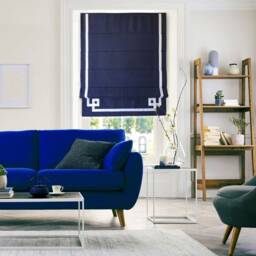 Cordless Roman Shade, Navy Linen With Greek Key Border, Custom Window Treatment