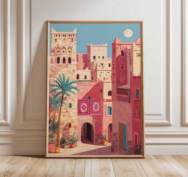 Moroccan City Poster, Desert Architecture Wall Art, Warm Pink Travel Print, Boho Mediterranean Decor, Exotic Home Artwork - image 1