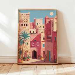 Moroccan City Poster, Desert Architecture Wall Art, Warm Pink Travel Print, Boho Mediterranean Decor, Exotic Home Artwork - thumbnail 3