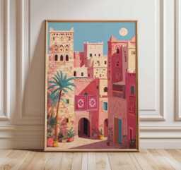 Moroccan City Poster, Desert Architecture Wall Art, Warm Pink Travel Print, Boho Mediterranean Decor, Exotic Home Artwork - thumbnail 1