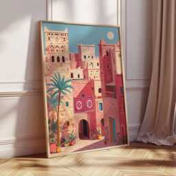 Moroccan City Poster, Desert Architecture Wall Art, Warm Pink Travel Print, Boho Mediterranean Decor, Exotic Home Artwork - thumbnail 2