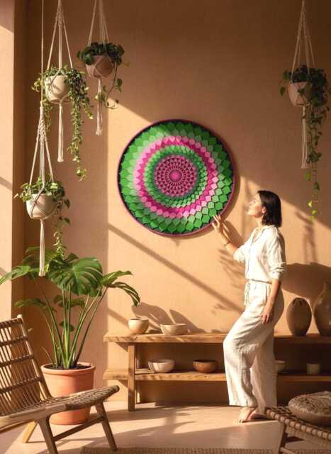 Hand Painted Wooden Mandala Wall Art, Sacred Geometry, Green Pink - image 1