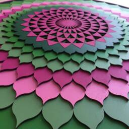 Hand Painted Wooden Mandala Wall Art, Sacred Geometry, Green Pink - thumbnail 3