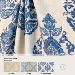 Lydia 4 Colors Damask Medallion Kavi Blue Floral Cotton Curtain, Valance Extra Width, Pleated, Lined Drapery Panel Offered As Upgrades