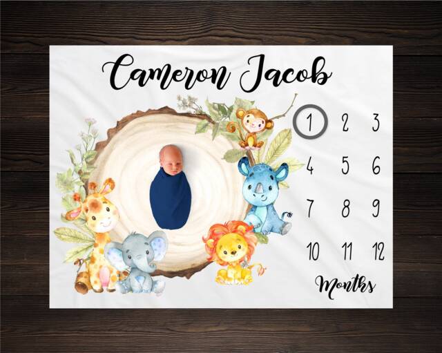 Safari Milestone Blanket Personalized Month Jungle Baby New Growth Photo Prop Shower Gift - image 1