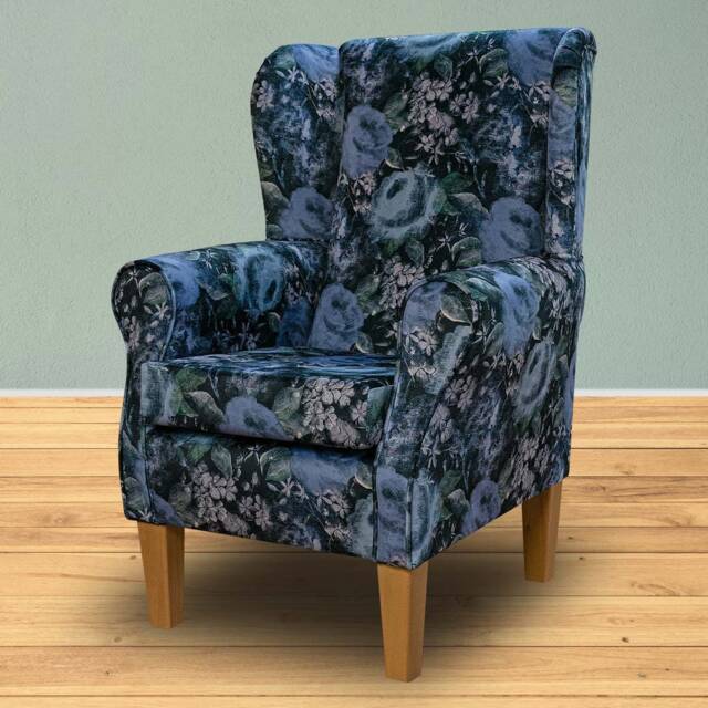 Wingback Fireside Armchair Velvet Sapphire Blue Blossom Floral Print Upholstered Fabric - British Handmade - image 1
