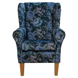 Wingback Fireside Armchair Velvet Sapphire Blue Blossom Floral Print Upholstered Fabric - British Handmade - thumbnail 2