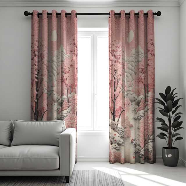 Japanese Cherry Blossom Curtains, Tranquil Sakura Mountain Landscape Window Drapes, Pink Nature Made To Measure Curtain Panels - image 1