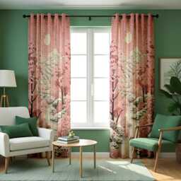 Japanese Cherry Blossom Curtains, Tranquil Sakura Mountain Landscape Window Drapes, Pink Nature Made To Measure Curtain Panels - thumbnail 2