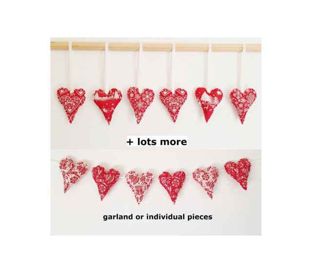 Six Handmade Fabric Christmas Heart Decorations Hanging Tree Ornaments Grey Red Off White Scandi Nordic Ready To Ship - image 1