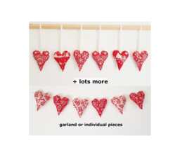 Six Handmade Fabric Christmas Heart Decorations Hanging Tree Ornaments Grey Red Off White Scandi Nordic Ready To Ship
