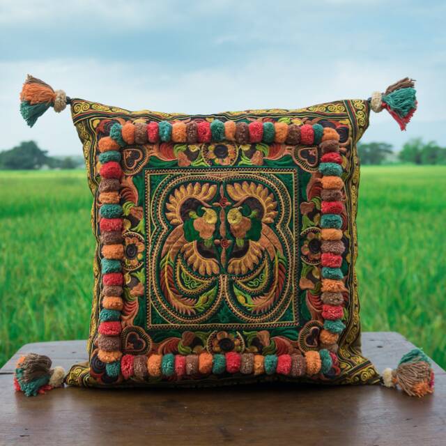16x16 Orange Bird Embroidered Hmong Pillow Cover, Bohemian Throw - Cs4Yelb - image 1