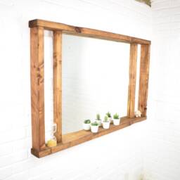 Mirror Shelf - Pillars Design Main Image Brown Mahogany Irregular Chunky Wood Distressed Driftwood Style Chic Mantel Shelving
