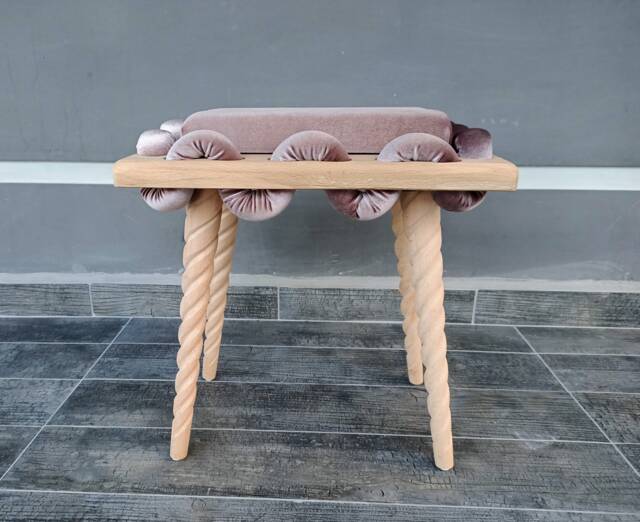 Wooden Stool in Beige Straight Wavy Velvet Fabric, Unique Gift, Personalized Stool, Make Up Stool, Design Chair, Living Room - image 1