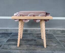 Wooden Stool in Beige Straight Wavy Velvet Fabric, Unique Gift, Personalized Stool, Make Up Stool, Design Chair, Living Room