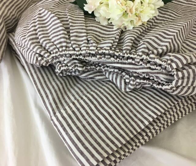 Cocoa Brown & White Striped Linen Bed Sheets, Top Fitted Sheet, Pillowcases, Standard Or Custom Size - image 1