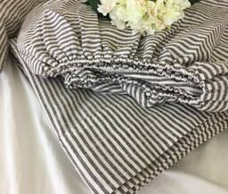 Cocoa Brown & White Striped Linen Bed Sheets, Top Fitted Sheet, Pillowcases, Standard Or Custom Size - thumbnail 1