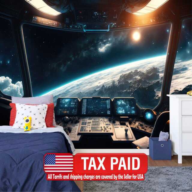 Spaceship Window Wall Mural, Stars Astronomy Kids Room Peel & Stick Wallpaper - image 1