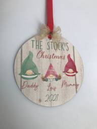 Personalised Gnome Family Wood Hanging Christmas Tree Decoration, First in New Home, Keepsake, Gift, 1st Xmas