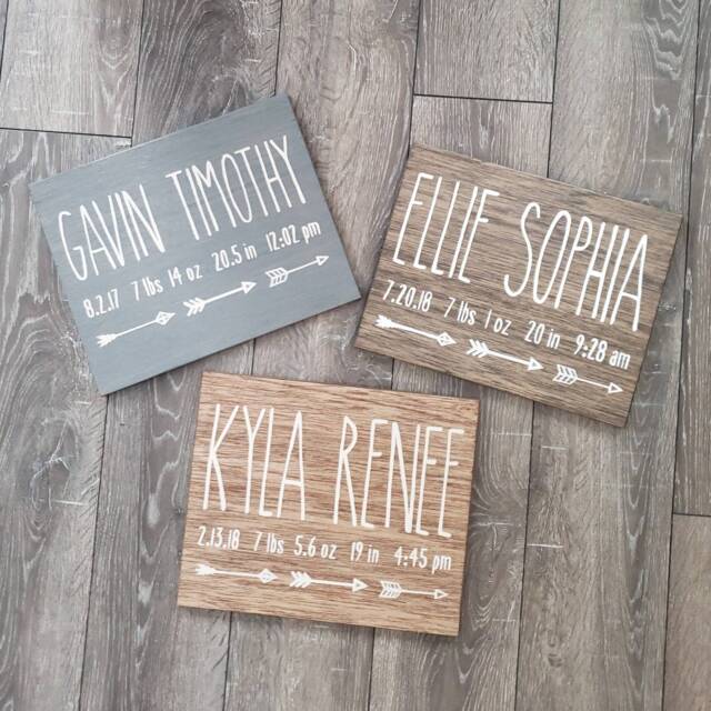 Birth Announcement Wood Sign Wall Art Decor Baby Stats Weight Height Time Rustic Wooden Nursery Arrow - image 1