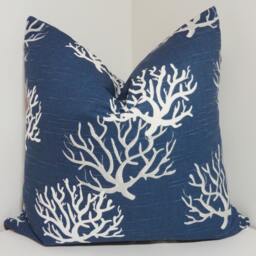 Navy Blue Coral Pillow Cover, Coastal Linen Look - thumbnail 2