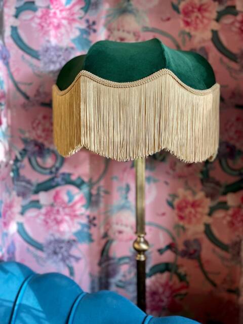 Handmade Green Velvet Fringe Lampshade, Art Deco Style, 16 Inch - image 1