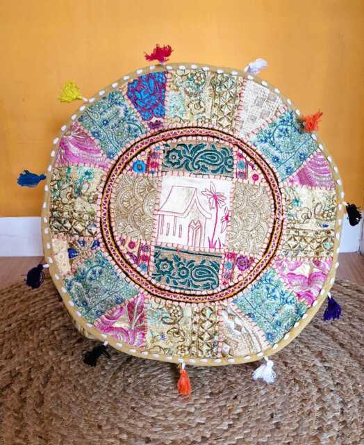 Indian Pouf Cover. Patchwork Ottoman. Handmade Home Deco - image 1