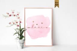 Love Rose Gold Print, Watercolour Pink Splash, Hearts Gallery Wall Gift For Couples, Her, Valentines, Gifts - thumbnail 1