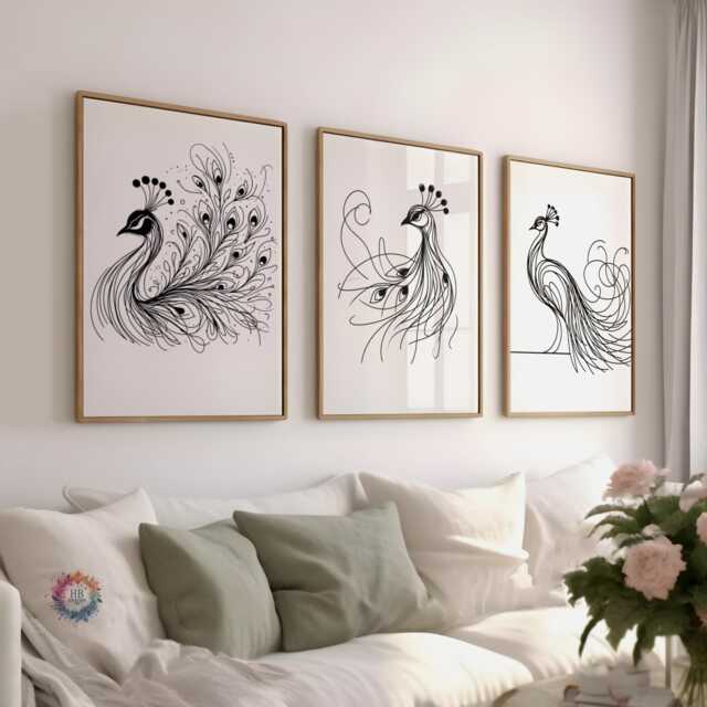 Minimalist Peacock Print Set - Of 3 Posters - Minimal Drawing Bird Artwork Wall Art Black & White Modern Style Line - image 1