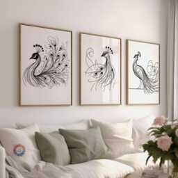Minimalist Peacock Print Set - Of 3 Posters - Minimal Drawing Bird Artwork Wall Art Black & White Modern Style Line - thumbnail 1