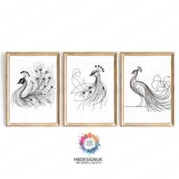 Minimalist Peacock Print Set - Of 3 Posters - Minimal Drawing Bird Artwork Wall Art Black & White Modern Style Line - thumbnail 2