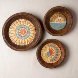 Boho Wall Art Set Of 3 - Made To Order Hand Carved Wooden Dough Bowl With Handmade Ceramic & Mosaic Tiles, Deep Framed Suns - thumbnail 1