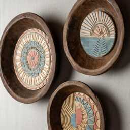 Boho Wall Art Set Of 3 - Made To Order Hand Carved Wooden Dough Bowl With Handmade Ceramic & Mosaic Tiles, Deep Framed Suns - thumbnail 2