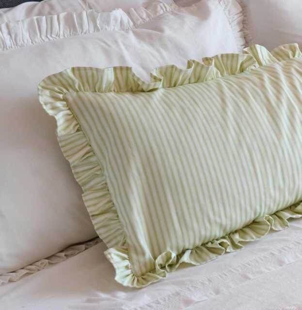 Handmade Ruffled Lumbar Pillow Cover Ian Mankin Light Green Ticking Stripe - image 1