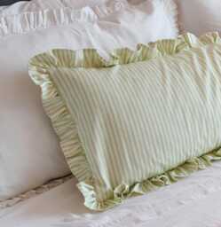 Handmade Ruffled Lumbar Pillow Cover Ian Mankin Light Green Ticking Stripe - thumbnail 1