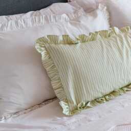 Handmade Ruffled Lumbar Pillow Cover Ian Mankin Light Green Ticking Stripe - thumbnail 3