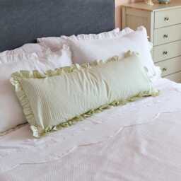 Handmade Ruffled Lumbar Pillow Cover Ian Mankin Light Green Ticking Stripe - thumbnail 2