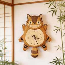 Totoro Cat Bus Wooden Clock, Moving Tail Pendulum Clock, Ghibli Wall Decor, Creative Timepiece, Japandi Cream Style Clock, Studio Ghibli Fan Gift - thumbnail 2