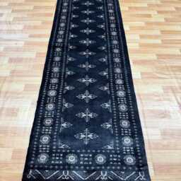 2.6x8 Black 3 Ply Handmade Bokhara Runner Rug - Hallway Stairs Carpet, Extra Thick Pile - thumbnail 2
